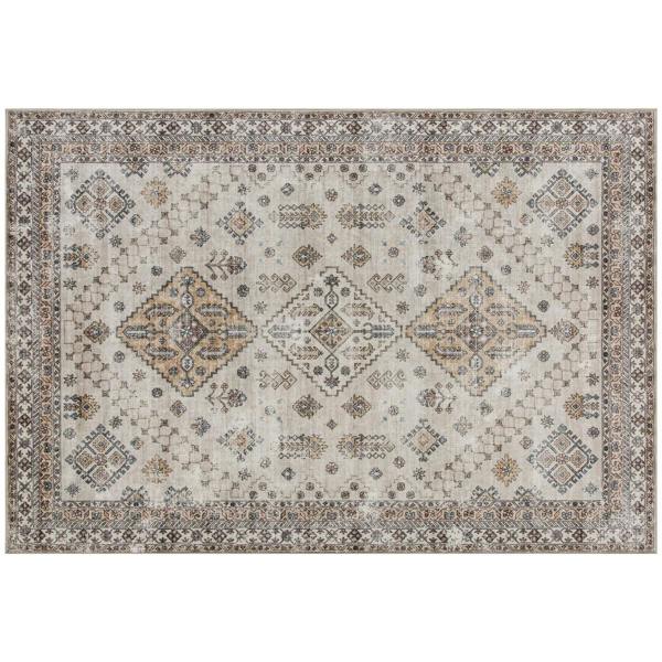 Beige vintage area rug with distressed geometric border and medallion pattern