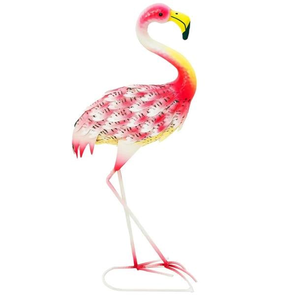 Pink metal flamingo garden statue ornament with ground stakes, standing bird sculpture