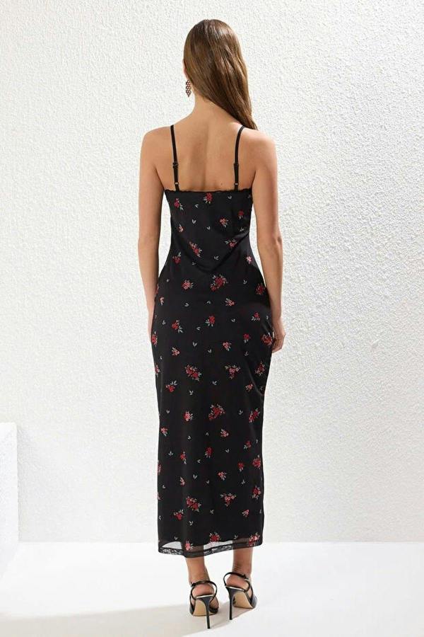 WOVCOR Maxi Fitted Knit Dress with Floral Tulle Lace Details