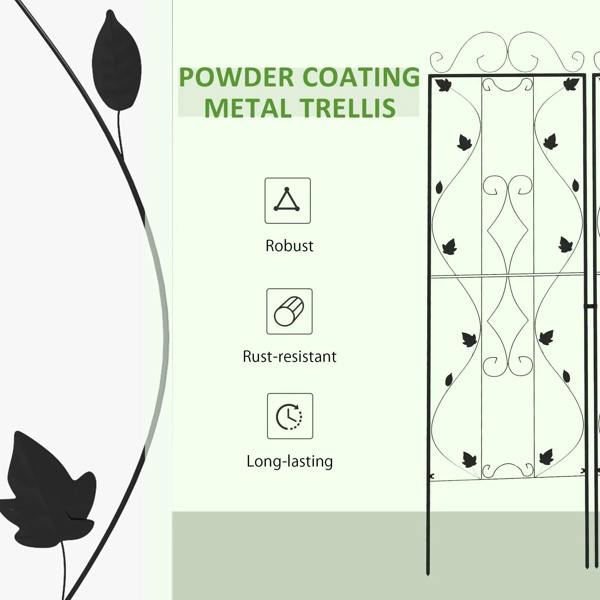 Powder-coated black metal trellis panel set of 2 with leaf and scroll cutout design