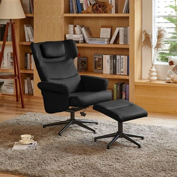 Black/Grey/Brown Faux Leather Swivel?Armchair with Footstool Living and Home