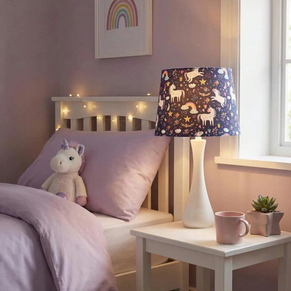 Unicorn Themed Childrens Lampshade with Rainbows and Colourful Flowers Image 6