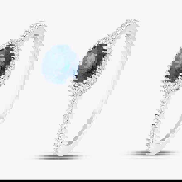 T. H. Baker 18ct White Gold Sapphire & Brilliant Cut Diamond Shoulder Set Halo Ring R39073GW18SA