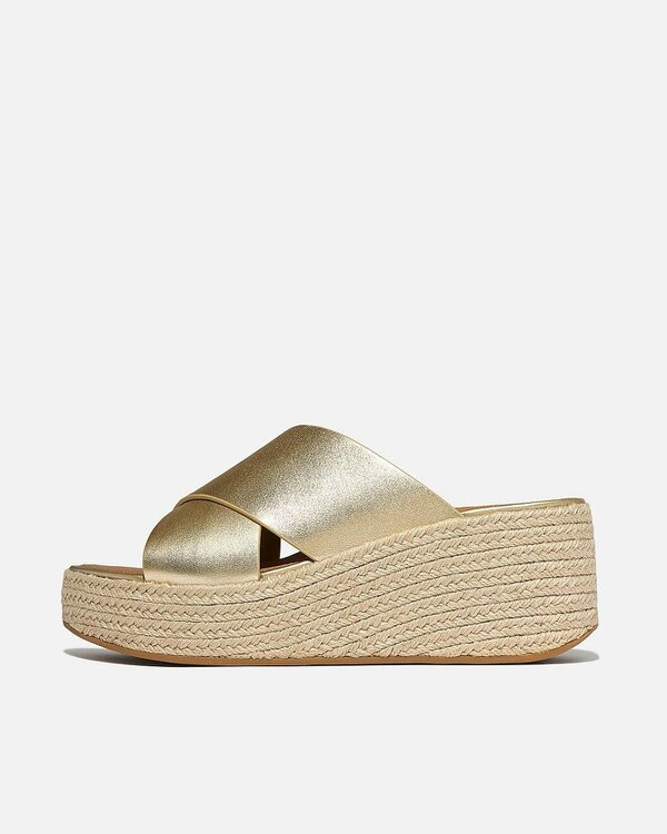 FitFlop Womens PLATFFORMS Espadrille Leather Wedge Cross Slides - Platino 675