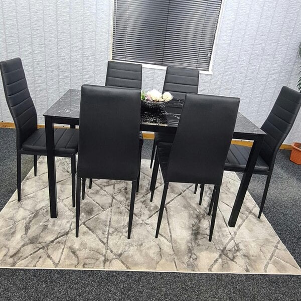 Kosy Koala Modern Black Glass Marble Effect Dining Table Set With 6 Black Chairs Dining Room Furniture