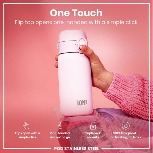 A pink ION8 stainless steel water bottle is being held; its flip top opens one-handed. The bottle rests on pink fabric against a pink background. "One Touch," "Flips open with a simple click," "One-handed use on the go," "Triple lock security," and "100% leak proof - no twisting, no leaks" are also displayed.