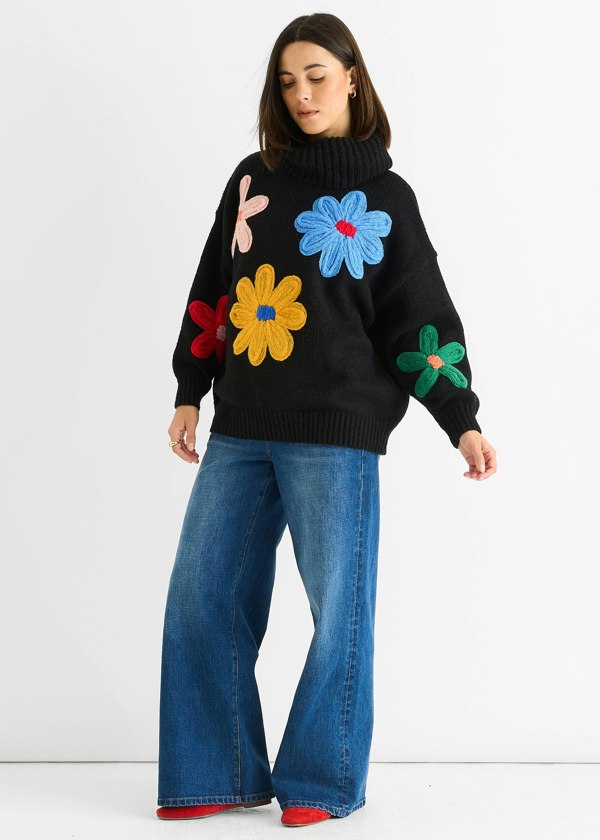 Gini London Black Floral Design High Neck Jumper