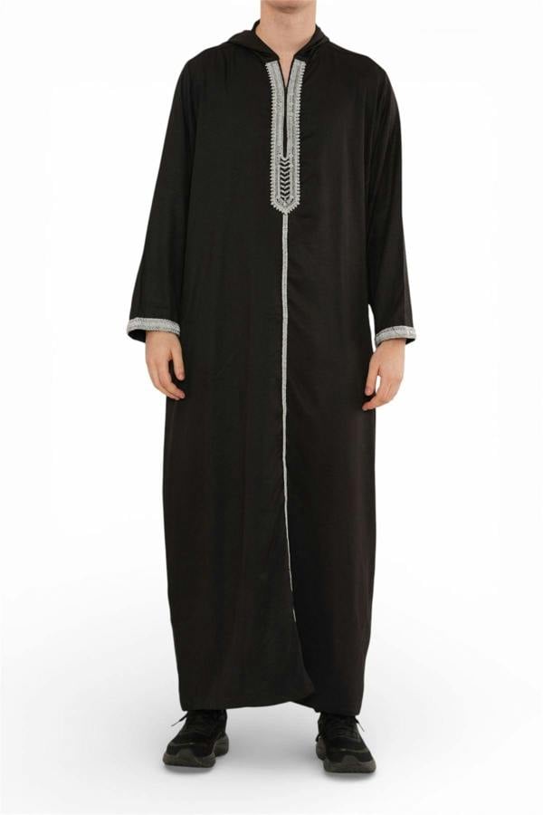 Infinity Leather Men's Hooded Moroccan Embroidery Djellaba Islamic Jubba Robe Eid Ramadan Thobe