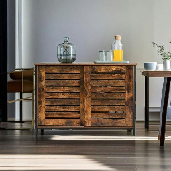 Modcraft Industrial Sideboard with Sliding Doors – Rustic Brown & Black Storage Cabinet