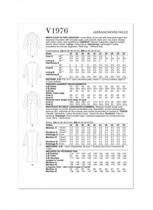 Vogue Sewing Pattern 1976, Coats for Men, AA (34-36-38-40-42) - Intermediate