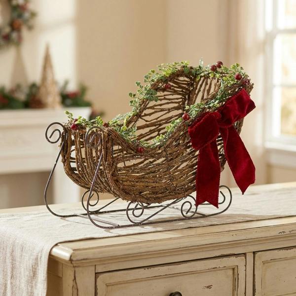 Garden Greatness Decorative Rattan Sleigh with Red Bow