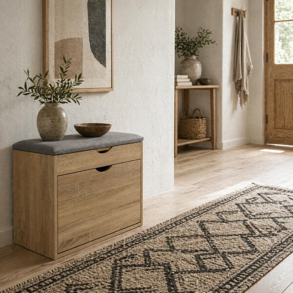 Wyld Haus Zielma Wooden Natural Shoe Bench With Flip Up Storage And Grey Cushioned Seat