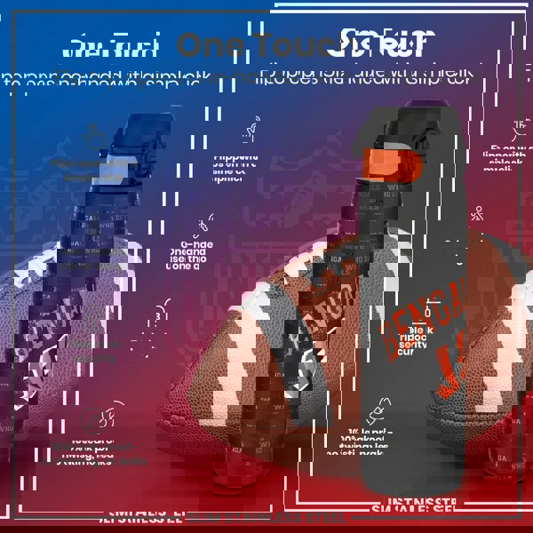 A black and orange Bengals-themed water bottle rests near an American football. Its flip top opens one-handed; it's leak-proof and has triple lock security. The background features a stylized NFL logo.