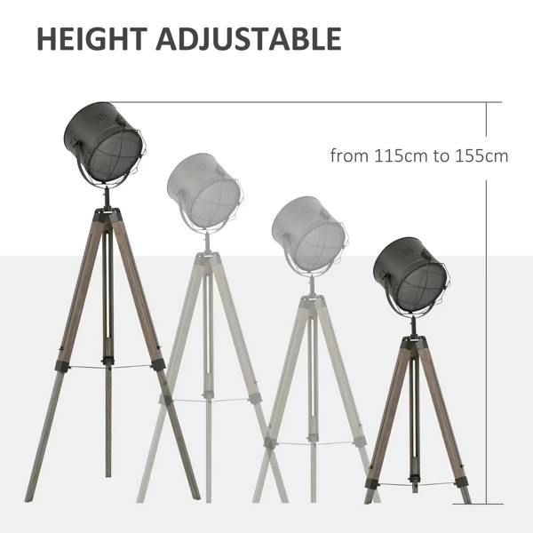 Grey height-adjustable floor lamp with tripod stand and round spotlight shade