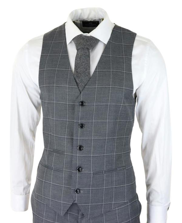 Paul Andrew Mens Grey Suit 3 Piece Check Vintage Retro Smart Wedding Classic Tailored Fit