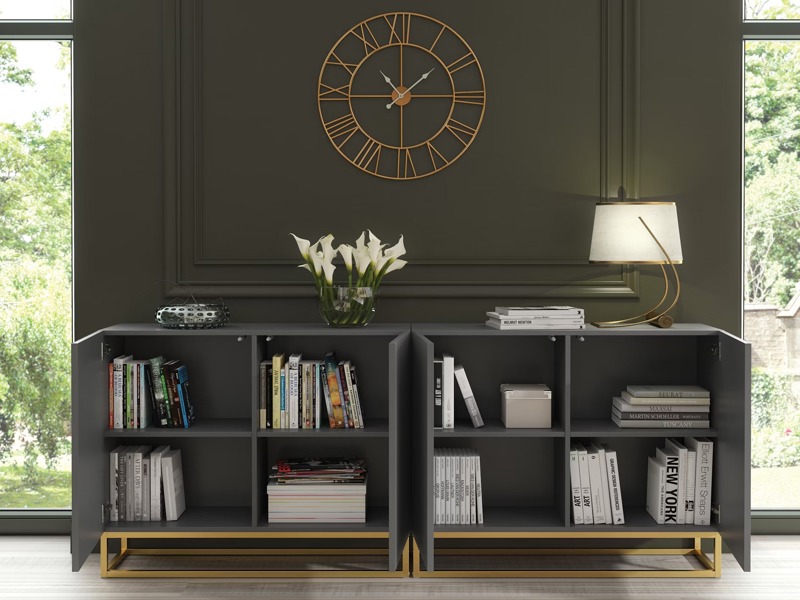 Mex Furniture Sophisticated Grey Sideboard with Fluted Fronts & Gold Legs – 200cm Storage Unit