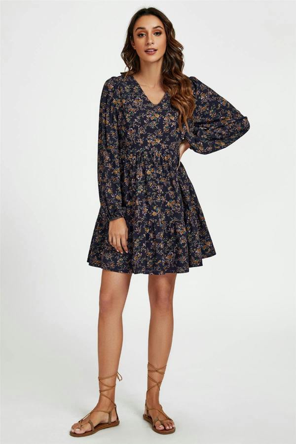 FS Collection Little Floral Print V Neck Mini Dress In Navy