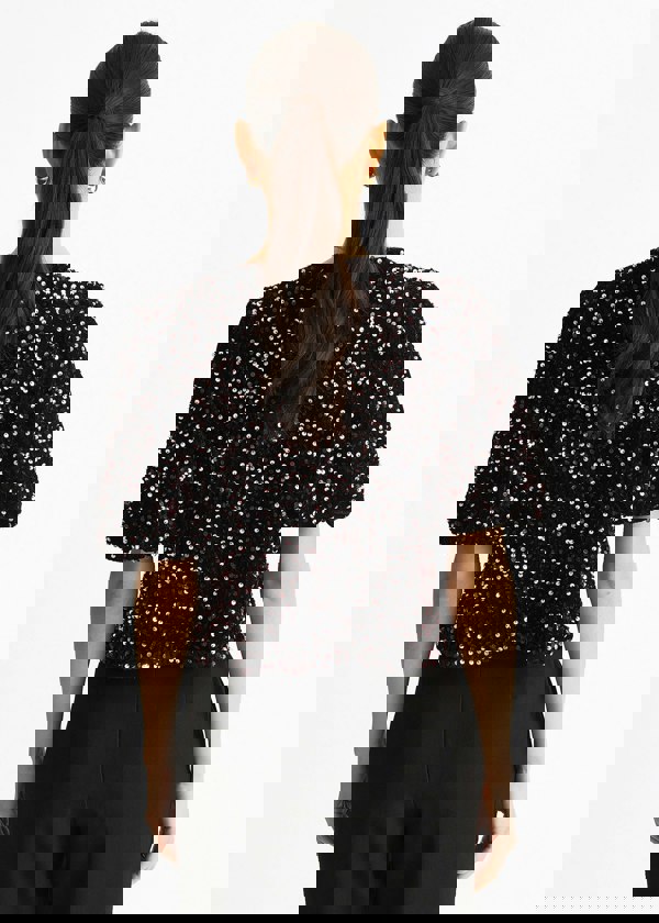 Gini London Purple Velvet Sequin Bow Front Bubble Sleeve Top