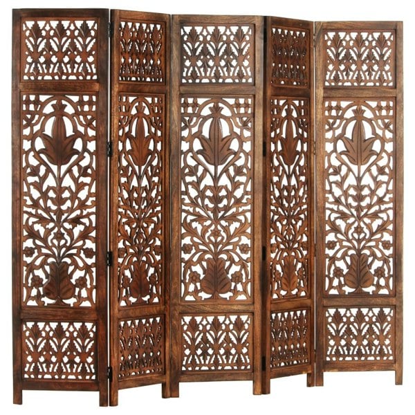 Berkfield Hand Carved 5-Panel Room Divider Brown 200x165 cm Solid Mango Wood