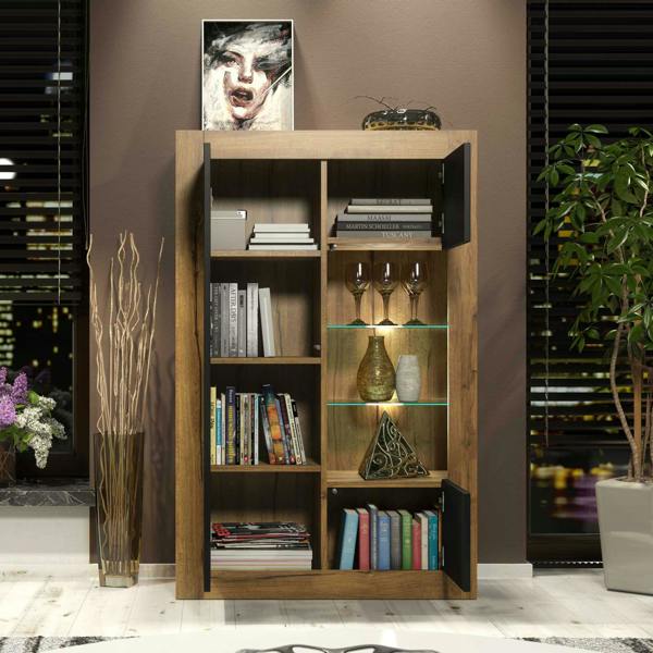 Mex Furniture Sideboard Cabinet Storage Display LED Lights Unit Oak Black Matt Cupboard Modern 140