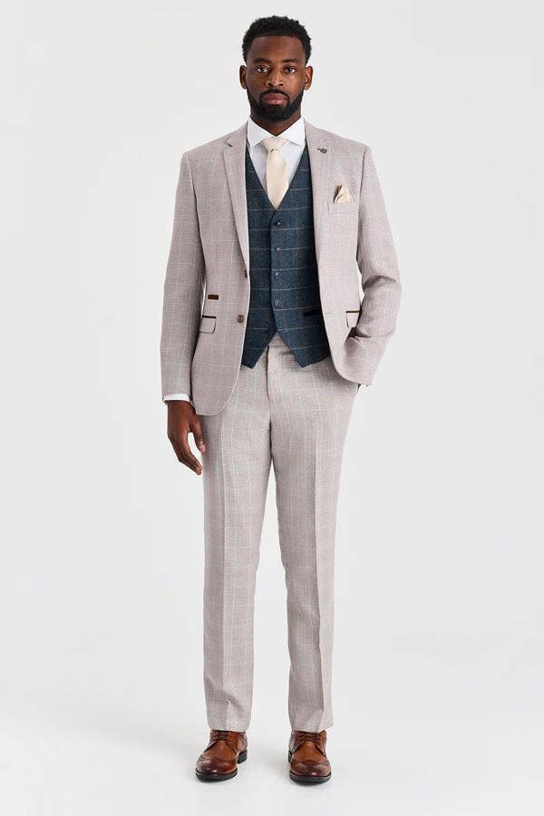 Paul Andrew Leo Beige Suit with Harris Navy Tweed Waistcoat