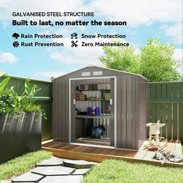 Grey metal garden storage shed with double sliding doors and visible shelving inside