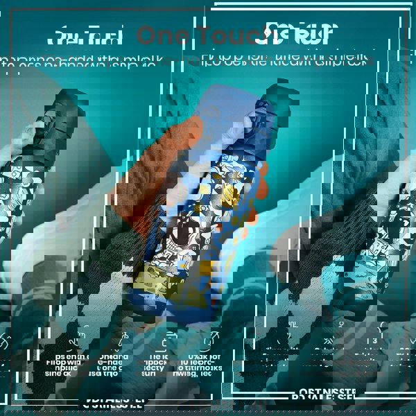 A child's hand holds a blue, space-themed water bottle. Its flip top opens easily with one hand. The scene is set against a teal background.