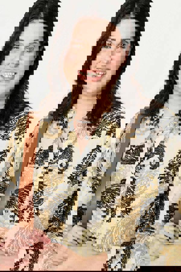 Green | Curve Paisley Print Turn-Up Sleeve Shirt