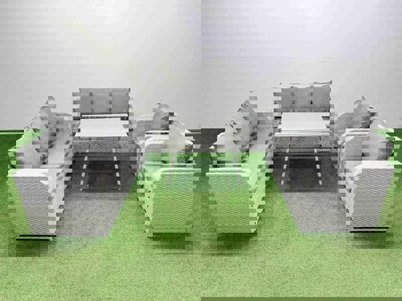 Fimous Rattan High Back Lounge Sofa Set Patio Dining Table & Chairs Set with 3 Seater Sofa 2 Reclining Chairs Light Grey