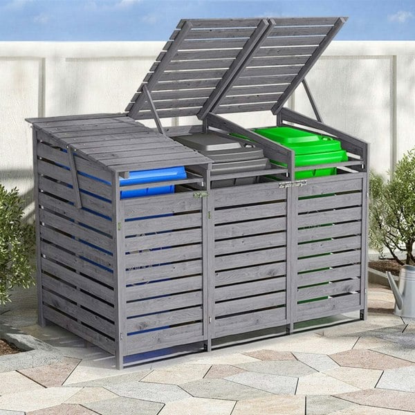 Livingandhome Outdoor Spruce Wood Trash Can Storage Shed Living and Home Grey M 