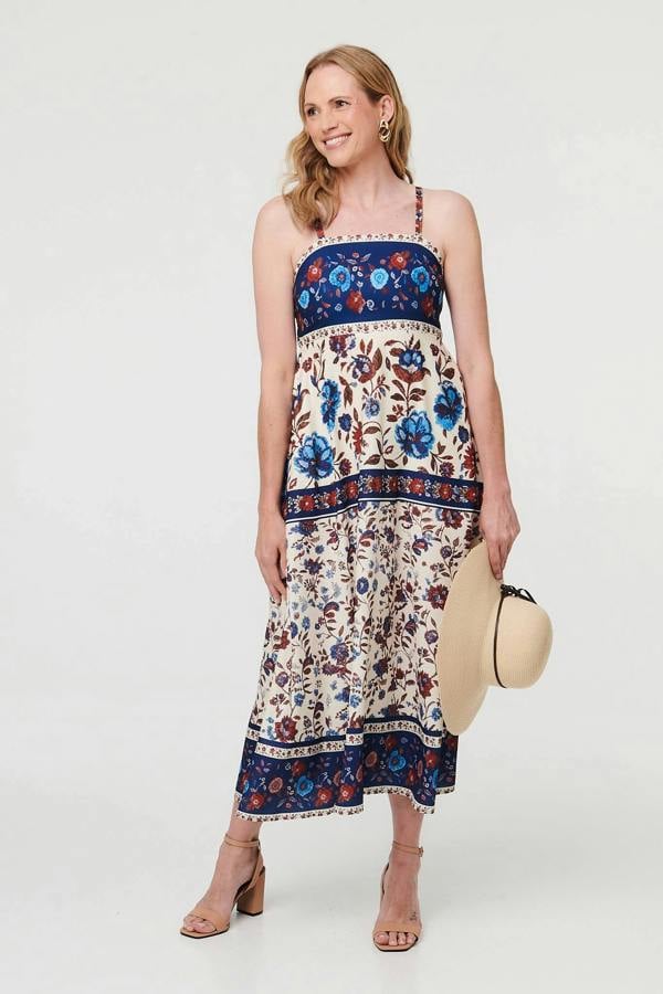 Navy | Floral Border Sleeveless Cami Midi Dress