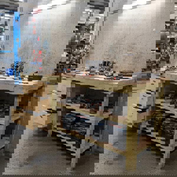 Arbor Garden Solutions Wooden Eucalyptus top tool cabinet workbench with storage shelf (V.7) with double shelf