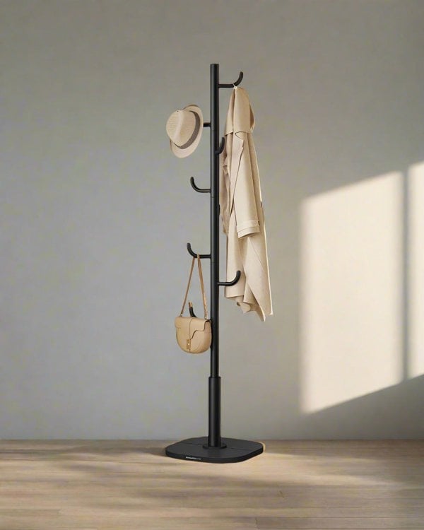 "Cactus-shaped freestanding coat rack with curved hooks and stable base, designed for holding coats, hats, scarves, and accessories in modern interiors."

