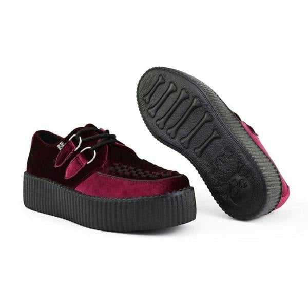 TUK Footwear TUK Viva High Creeper Burgundy Velvet Platform Lace-Up Goth Shoes - AV6802