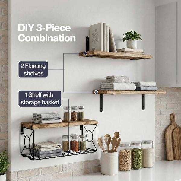 Levede Wood Floating Shelves 3 Tier Bathroom Wall Shelves with Storage Basket