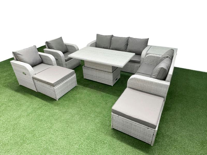 Fimous PE Rattan Patio Set, Adj Height Table, Reclining Sofa, Double Love Seat, 2 Seater Lounge, 2 Big Footstools and Side Table, Light Grey