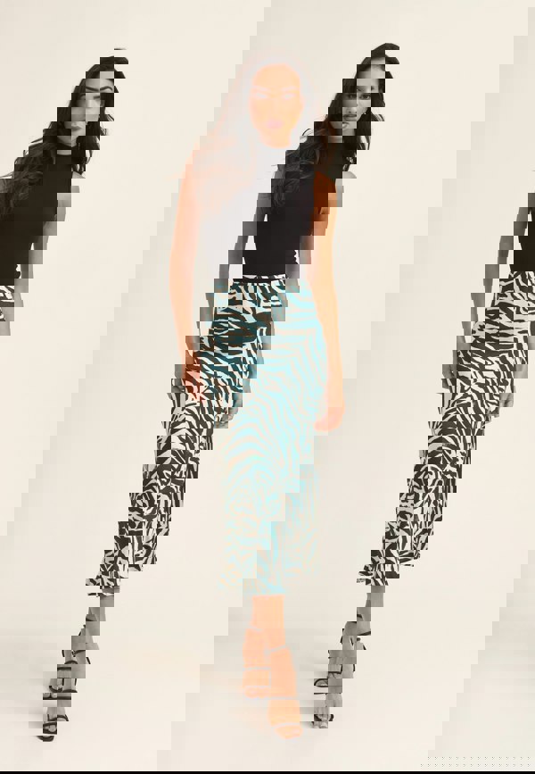 Gini London Green Animal Print Satin Bias Cut Midi Skirt