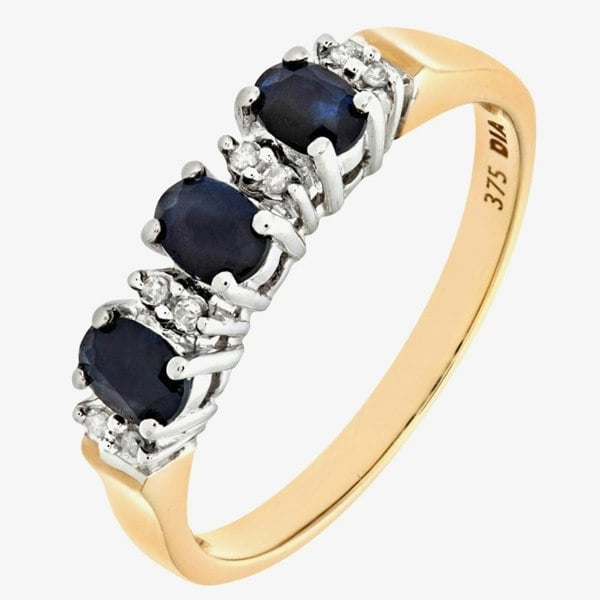 T. H. Baker 9ct Yellow Gold Three Oval Sapphire Stone 0.04ct Diamond Half Ring PR06491Y SA