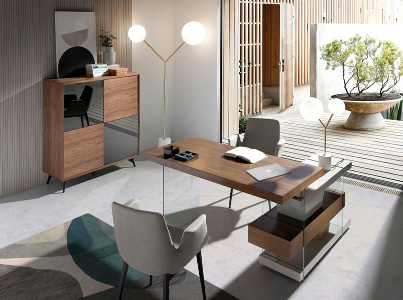 Angel Cerdá Mirror Effect Black Glass, Walnut and Black Steel Tall Sideboard 3059