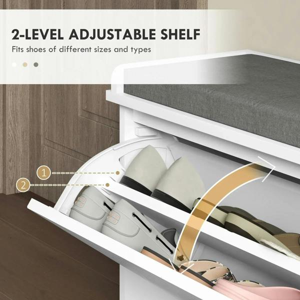 Shoe storage bench with gray padded top and adjustable two-level internal shelf