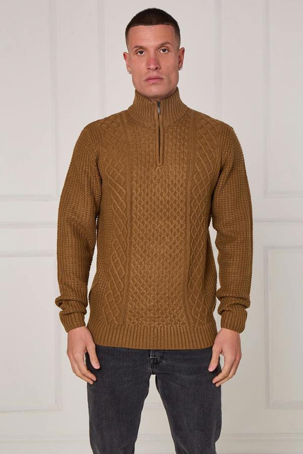 Men’s Half Zip Cable Knit Textured Jumper