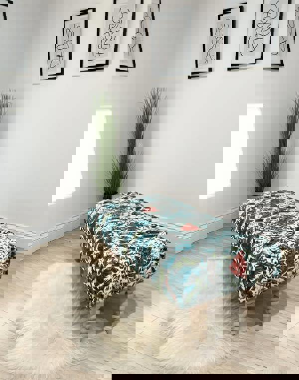 Green Floral Footstool Ottoman with Solid Wooden Legs - ISTOOLS