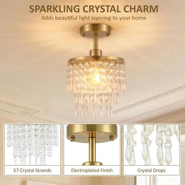 Crystal Ceiling Light with 57 Crystal Strands, Ceiling Light with Mounting Plate for Hallway, Gold Tone