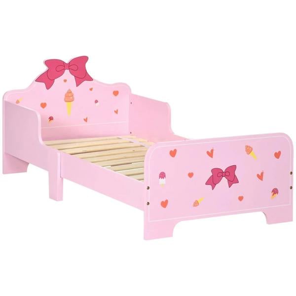 Pink kids toddler bed with princess bow headboard and side safety rails, heart and ice-cream prints