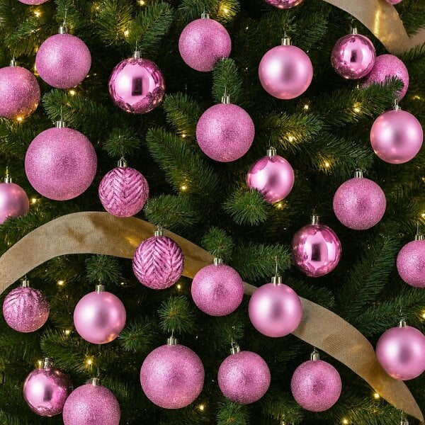 Neo Frosted Pink 36PCS Christmas Tree Ornaments Set Baubles Glitter Balls Holiday Festive Decorations Assorted Sizes Colours Home Party Décor
