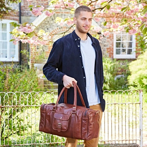 Paper High Brown Leather Holdall with Zipped Pockets