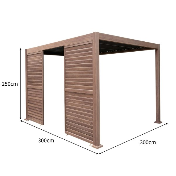 Wood effect aluminium pergola with LED lights, featuring two side panels, dimensions 3m x 3m, showcasing a modern design and textured finish