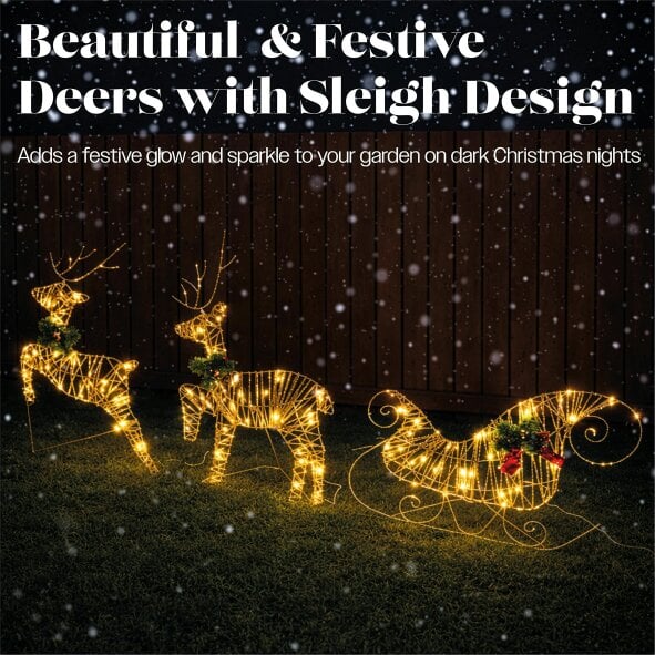 Scotts of Stow Xmas Haus Rose Gold Light Up Reindeer and Sleigh Indoor Outdoor Christmas Decoration with Timer