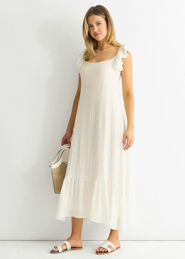 Gini London White Ruffle Short Sleeve Viscose Maxi Dress