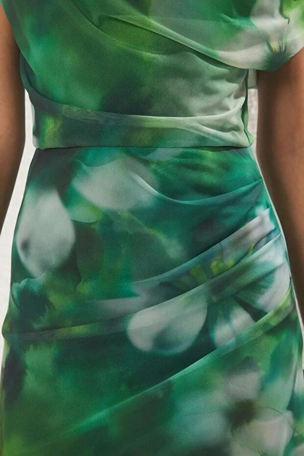WOVCOR Patterned Lined Tulle Knit Midi Evening Prom Dress
